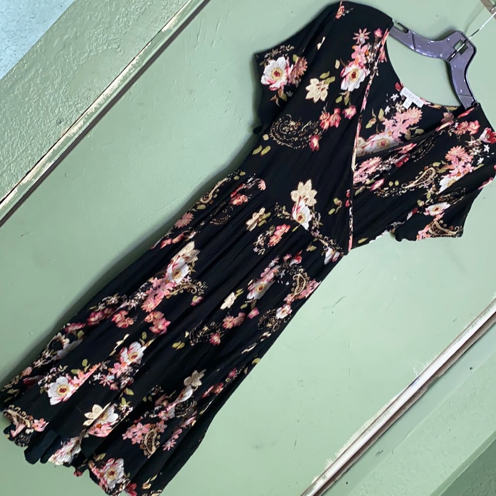 Patrons Of Peace Black Floral Faux Wrap Mini Dress Size S